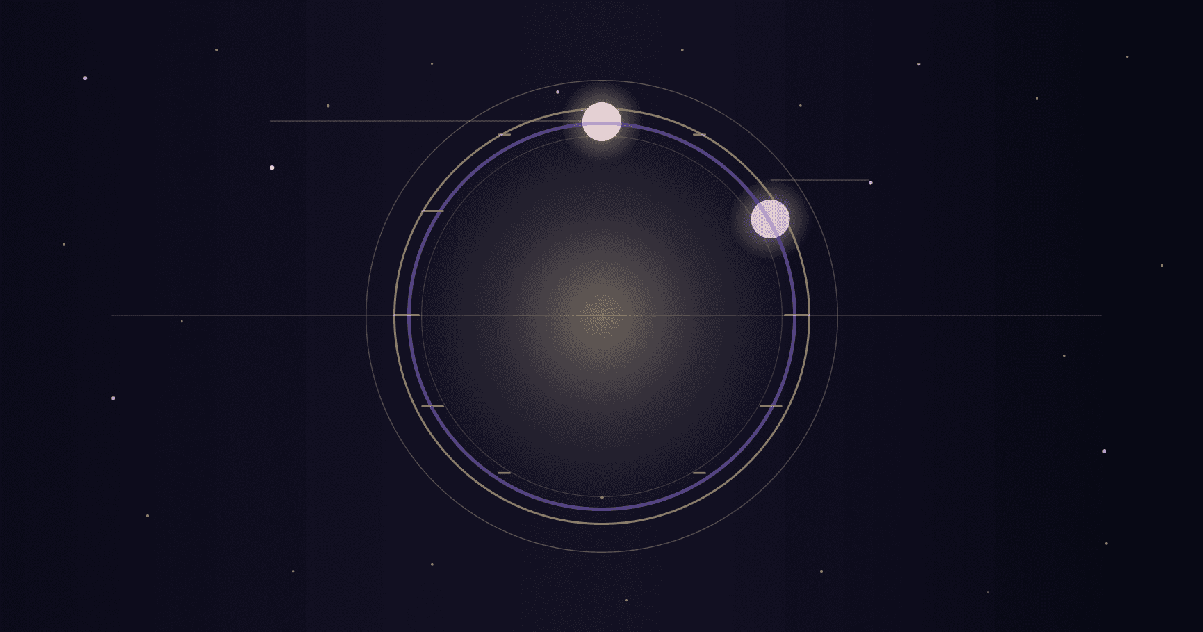 Two glowing moons placed apart on a golden zodiac wheel beneath a night sky