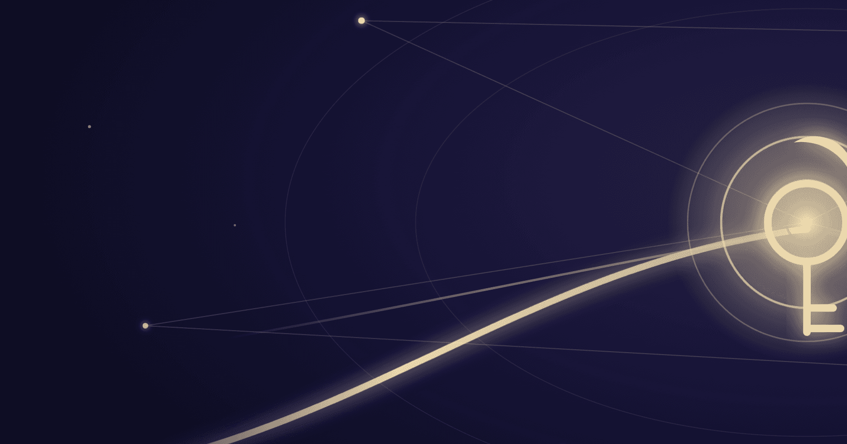 A golden celestial key unlocking a soft glow between three night-sky currents