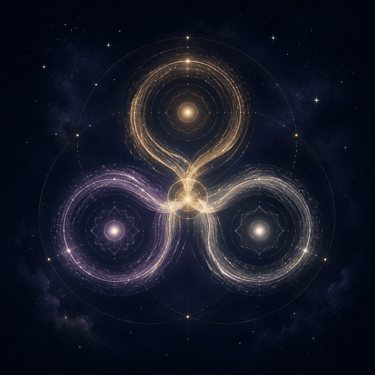 Three luminous celestial paths meeting beneath a night sky